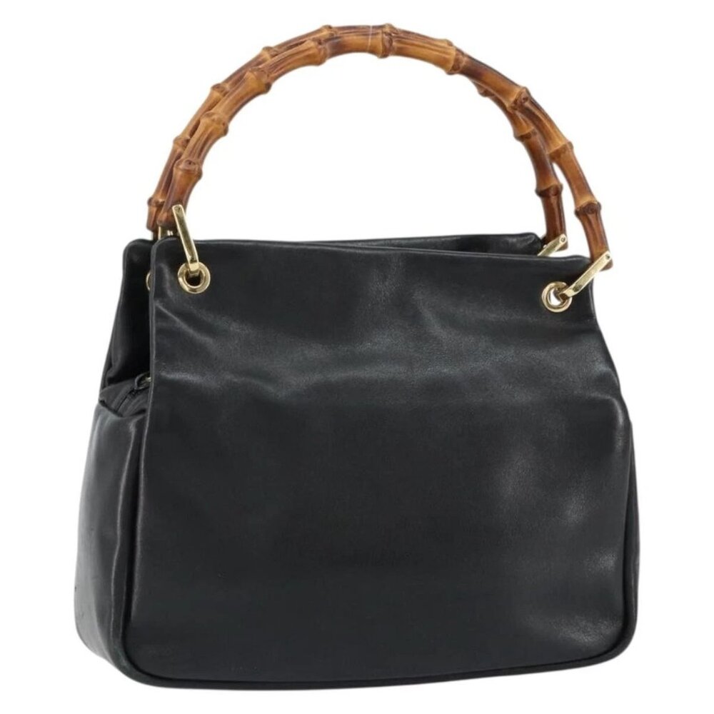 GUCCI Bamboo Hand Bag Leather Black Gold 000